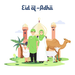 Happy Muslim family celebrates Eid Al Adha Mubarak. Flat vector template illustration