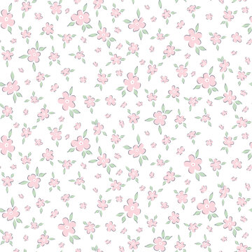 Seamless pattern of small pink flowers and green leaves. Floral print