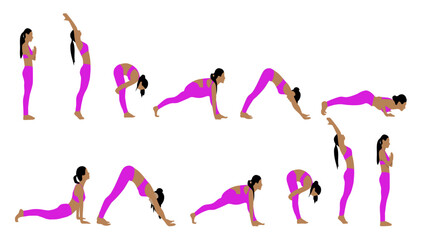 Mujer haciendo secuencia de yoga Surya Namaskar o saludo al sol con fondo blanco, mujer practicando asanas de saludo al sol.