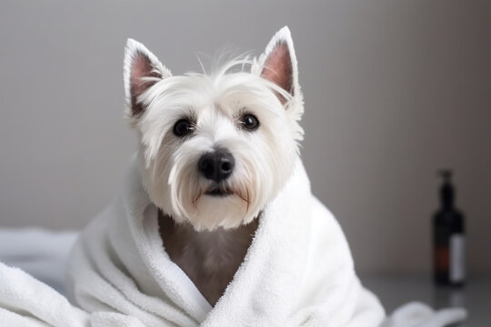 Cute West Highland White Terrier dog after bath, Dog wrapped in towel, Pet grooming concept, Copy Space, Place for text