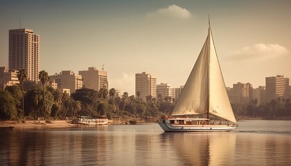 Fototapeta na wymiar Cairo downtown behind the palms and sailboat in the Nile, Egypt, Africa