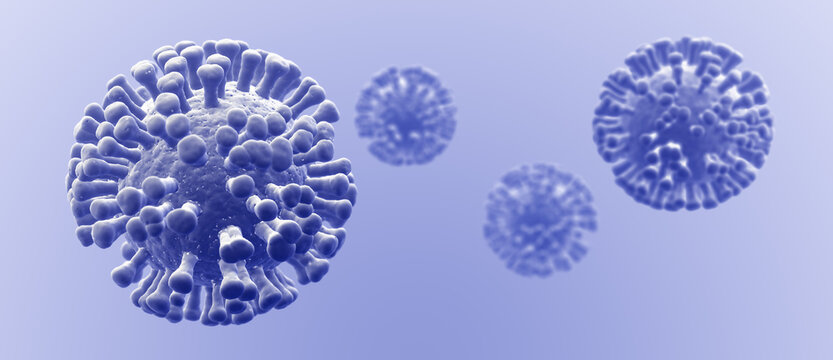 Illustration of virus cells, visualization of a viral infection on blue background