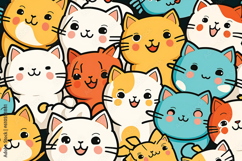 Poster cute playful kitten cartoon characters background. created with generative ai technology.
