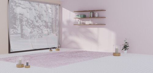 Pastel rooms with candles lit around the room and carpet on the floor Outside the window is a snowy view in winter 3D illustration
