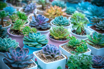 Colorful Succulents flower bed, they are grown in small pots to decorate the room