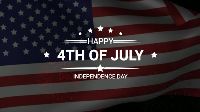 Happy fourth of july greeting animation 2024, lettering text with waving USA flag background and fireworks. Flag of United States Waving Animation. 4th july independence day.