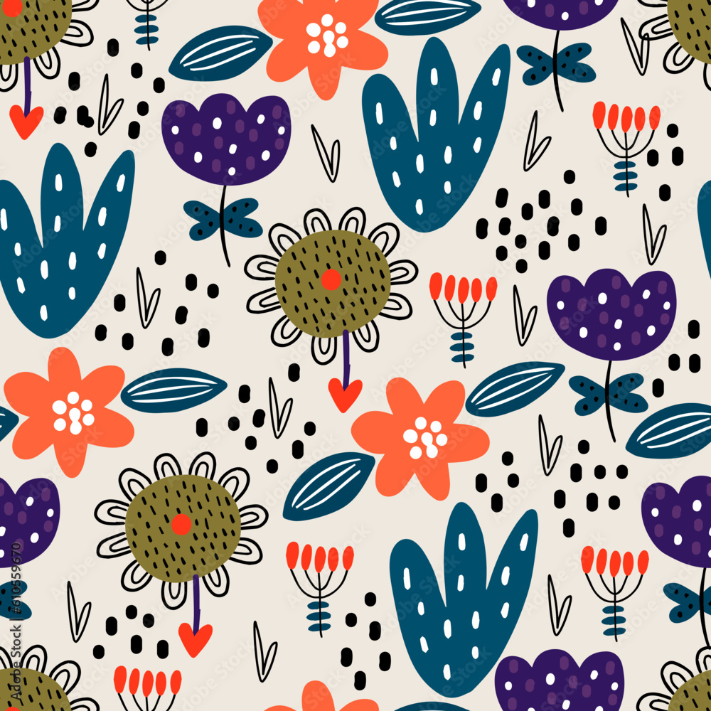 Wall mural Cute seamless pattern with decorative plants and flowers in doodle style. Perfect for kids fabric, textile, nursery wallpaper.  Vector