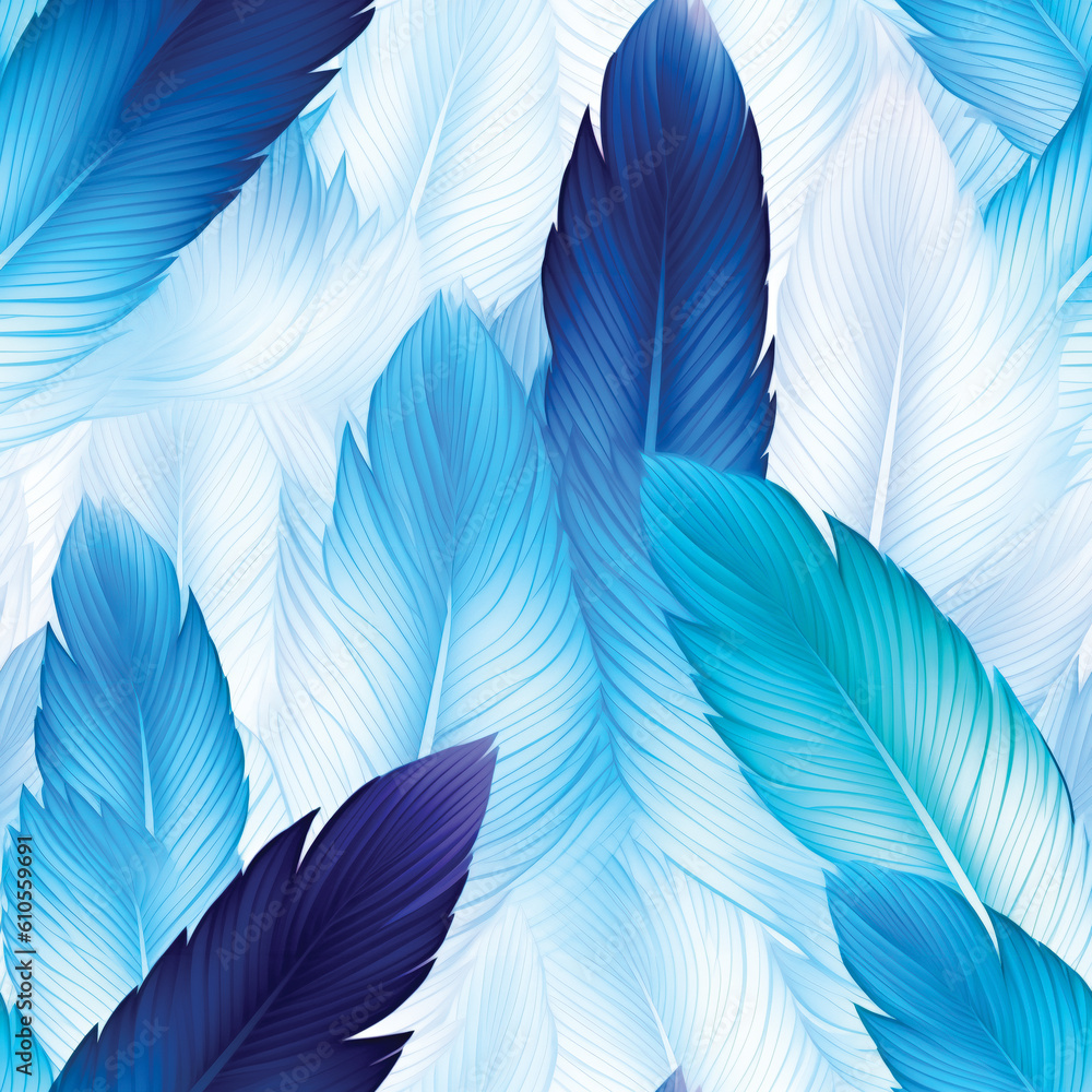 Poster Blue elegant feathers pattern. Seamless pattern. Created with Generative AI technology.