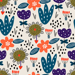 Cute seamless pattern with decorative plants and flowers in doodle style. Perfect for kids fabric, textile, nursery wallpaper.  Vector