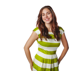 Portrait, fashion and happy woman in dress isolated on a transparent png background. Smile, clothes and female person or model from Norway with happiness, style and trendy outfit in cool clothing