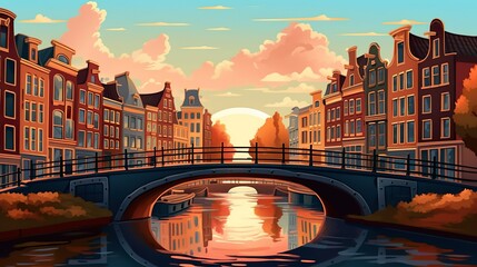Background Amsterdam canals. Beauty of Amsterdam's canals at sunrise in an illustration with abstract background and captivating banner design. Generative AI. - obrazy, fototapety, plakaty
