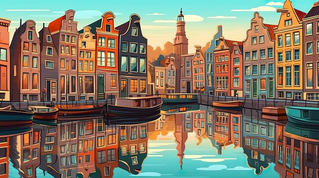 Background Amsterdam canals. The allure of Amsterdam's canals brought to life in an illustration with an abstract background and captivating banner design. Generative AI.