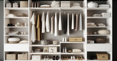 Modern closet with and white shelves. Generative AI