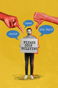 Vertical collage of arm point finger thumb down loser stupid you suck words mini black white effect guy hold please stop bullying poster