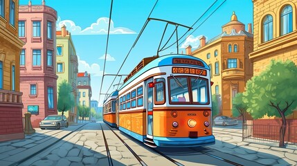 Background streetcar in old town. Illustration featuring a streetcar in an old-town setting with a mesmerizing abstract background and captivating banner design. Generative AI.