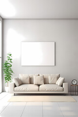 Blank horizontal poster frame mock up in scandinavian style living room interior, modern living room interior background, beige sofa and pampas grass, 3d rendering