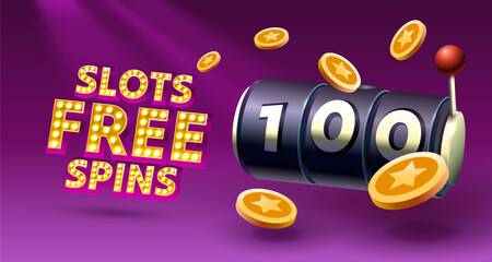 Slots free spins 100, promo flyer poster, banner game play. Vector illustration - obrazy, fototapety, plakaty
