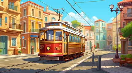 Background streetcar in old town. The charm of an old town with an illustration highlighting a streetcar, accompanied by banner design. Generative AI. - obrazy, fototapety, plakaty
