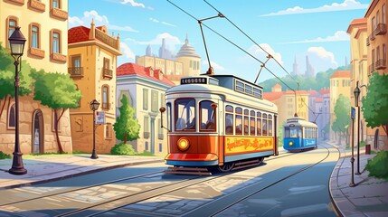 Background streetcar in old town. The atmosphere of an old town with an illustration depicting a streetcar, complemented by captivating banner design. Generative AI. - obrazy, fototapety, plakaty