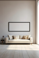 Blank horizontal poster frame mock up in scandinavian style living room interior, modern living room interior background, beige sofa and pampas grass, 3d rendering