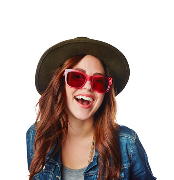 Woman is excited with sunglasses, fashion and gen z, hipster and retro style isolated on transparent, png background. Face, stylish and young female model with designer brand, happiness and portrait