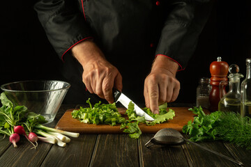 The chef hands are cutting fresh lettuce leaves on a cutting board for vitamin salad. Diet menu on being prepared for lunch in the kitchen