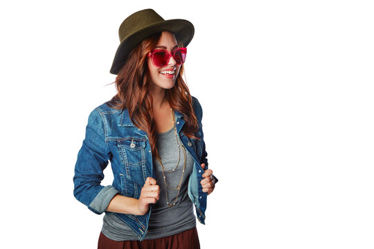 Fashion, hipster and smile with woman on transparent background for trendy, vintage and retro. Happy, funky and pride with female person and sunglasses on png for gen z, edgy and confidence