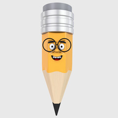 Cartoon realistic little yellow with a pleasant smile and wearing 3d pencil glasses on a white background. With the first of September. Knowledge Day. Back to school. Front view