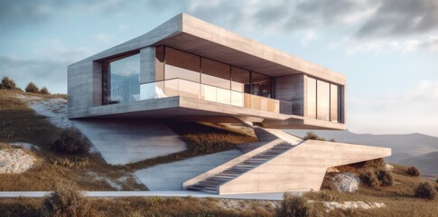 3d model of house on a hill, in the style of contemporary conceptual, concrete. Generative AI