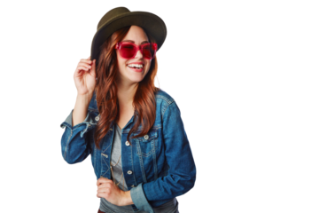 Woman is happy with sunglasses, fashion and gen z, hipster and retro style isolated on transparent, png background. Face, stylish and young female model with designer brand, happiness and trendy
