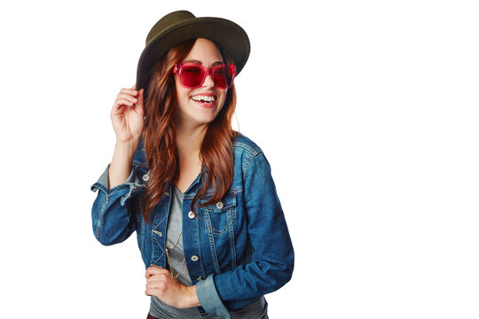 Woman is happy with sunglasses, fashion and gen z, hipster and retro style isolated on transparent, png background. Face, stylish and young female model with designer brand, happiness and trendy