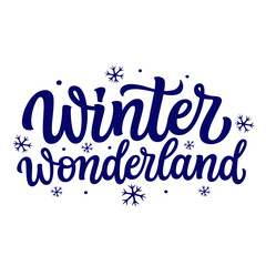 Winter wonderland. Hand lettering blue text with snowflakes isolated on white background. Vector typography for cards, banners, posters, home decor, mugs, clothes - 610562027
