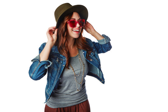 Fashion, hipster and cool with woman on transparent background for trendy, vintage and retro. Happy, funky and pride with female person and sunglasses on png for gen z, edgy and confidence