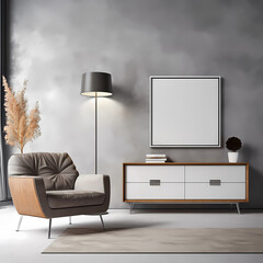 blank frame mockup aesthetic with grey wall and sofa 3d rendering