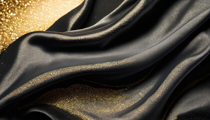 abstract background with black satin fabric and gold glitter