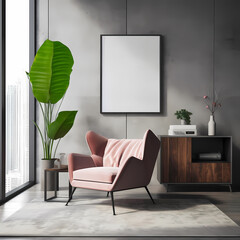 blank frame mockup aesthetic with grey wall and sofa 3d rendering