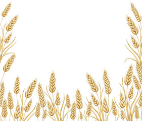 Spikelets of wheat, rye, grains seamless border. Botanical border, frame with place for text. Hand drawn watercolor illustration of ripe cereals for packaging, label and design for a bakery