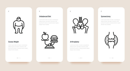 Arthritis thin line icons set: excess weight, unbalanced diet, arthroplasty, synovectomy. Vector illustration, editable stroke.