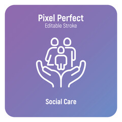 Social care, family with child in hands. Health insurance, charity, donation. Thin line icon, editable stroke. Vector illustration.