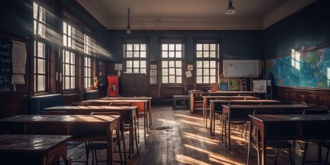 Empty Classroom with Desks and Chairs Background, Education and Back to School Concept. Generative Ai