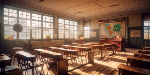 Empty Classroom with Desks and Chairs Background, Education and Back to School Concept. Generative Ai