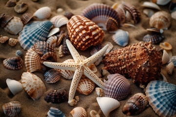 Beach summer shore with starfish and seashell in sea water. Summer holidays illustration - sea inhabitants on a tropical exotic beach sand against a sunny seascape. Generative AI.