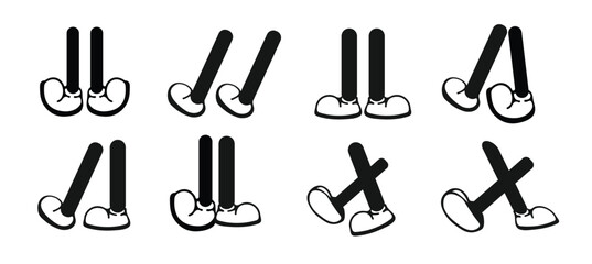 Cartoon legs in shoes. Comic retro feet in different poses, funny character mascot foot in boot, leg standing, walking, running, jumping. Vector set
