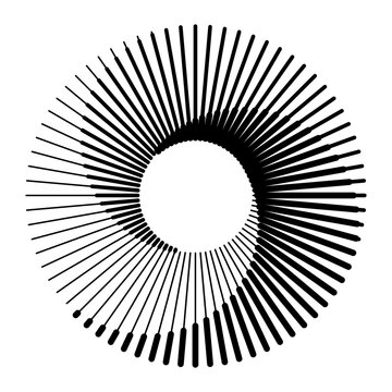 Radial lines with different thicknesses in a circle. Rotating lines in spiral form. Vector monochrome illustration. Starburst round Logo. Spiral vector design element. Sunburst.
