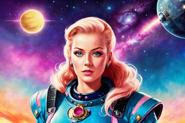 Portrait of a beautiful woman as an astronaut, space theme in the retro futurism style of the 60s. Generative AI.
