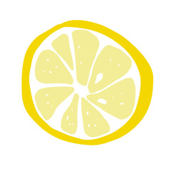 Cartoon yellow slice lemon. Hand-drawn citrus isolated on white background. Delicious fruit is a symbol of summer, wholesome nutrition, natural food. Ingredient for lemonade juice. Vector illustration