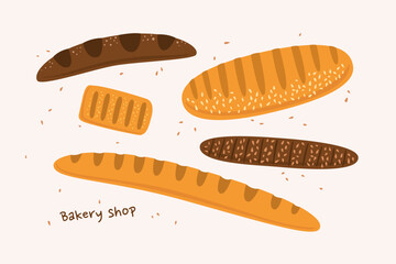 Set of loaves of different sizes and shapes in cartoon style. French baguette, loaf, puff pastry. Flour products from the bakery. Vector illustration on a light background.