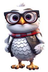 Cute Owl Cartoon Character with White Color wearing Glasses in Detailed 3D with Transparent Background. Generative AI.