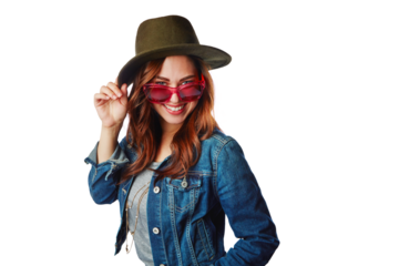 Fashion, hipster and smile with portrait of woman on transparent background for trendy, vintage or retro. Happy, funky and pride with female person and sunglasses on png for gen z, edgy or confidence