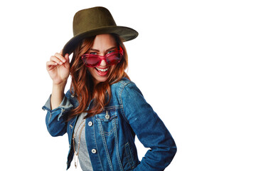 Fototapeta premium Happy, woman in portrait and gen z fashion with sunglasses and smile with retro style isolated on transparent png background. Happiness, excited and female fashionista with funky stylish clothes